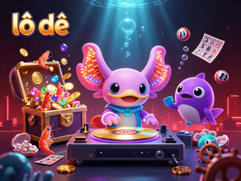 Engage with lô đề thrills through vibrant underwater lottery scene featuring axolotl DJ.