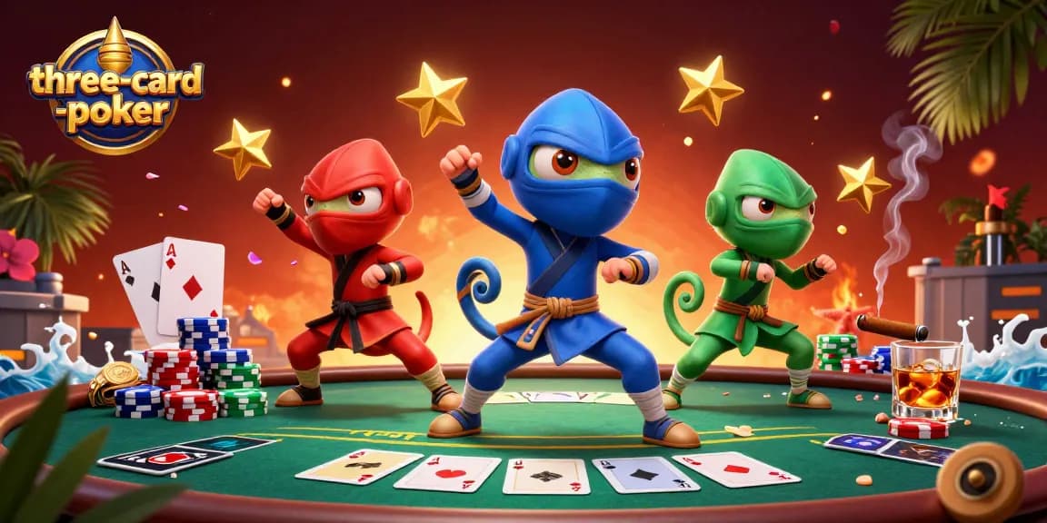 Experience thrilling three-card-poker action with ninja chameleons in a vibrant casino scene.