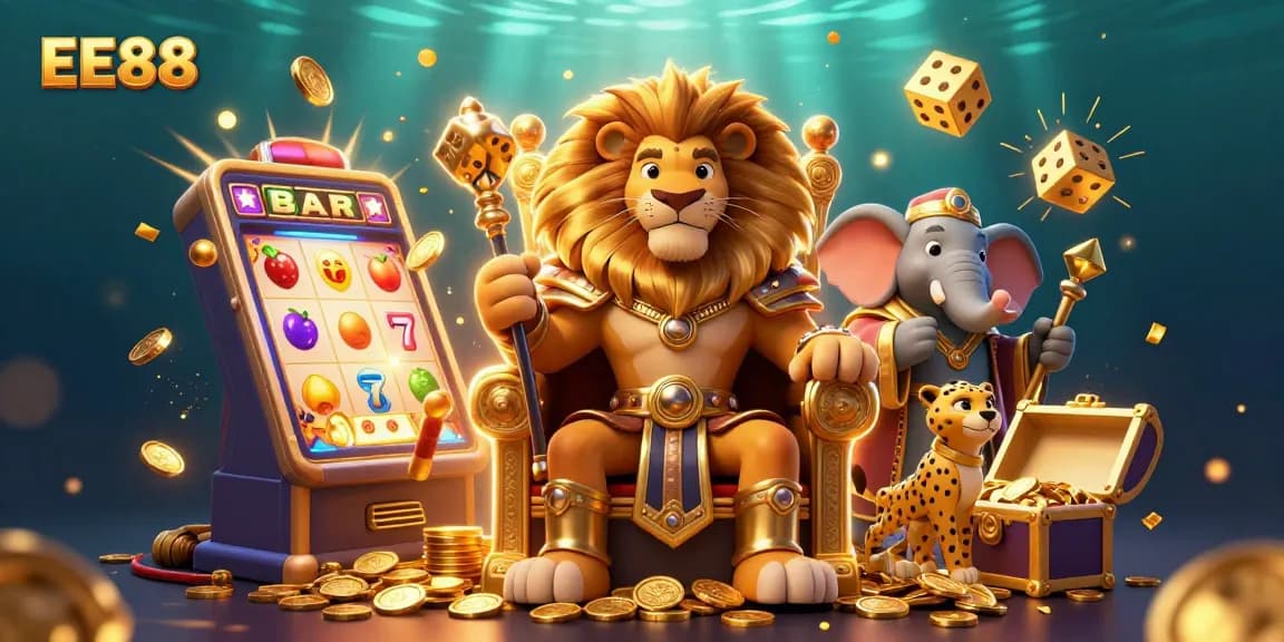 Experience exhilarating wins at EE88 with a vibrant, action-packed casino scene featuring iconography of gaming.
