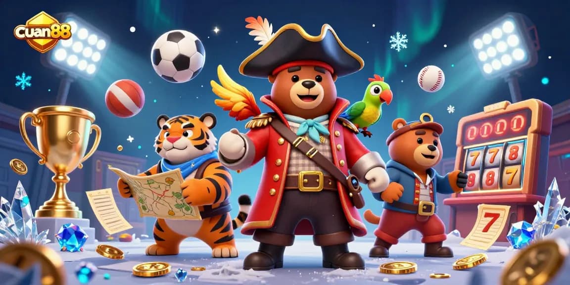 Cuan88 pirates celebrate a jackpot win while betting with dynamic sports elements around them.