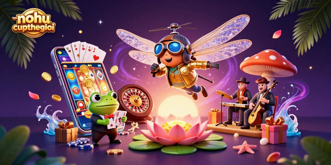 Engage with nohu-cupthegioi in this vibrant scene showcasing a dragonfly pilot and frog croupier.