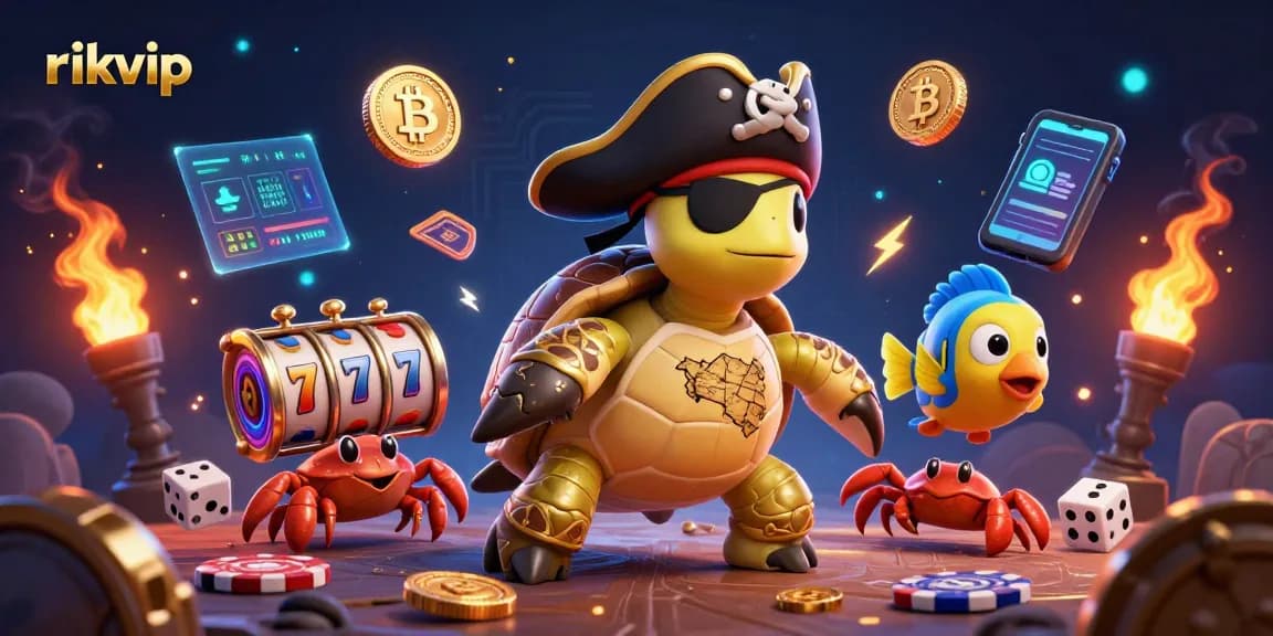Engage with rikvip's vibrant casino world, floating characters amidst glittering gaming elements.