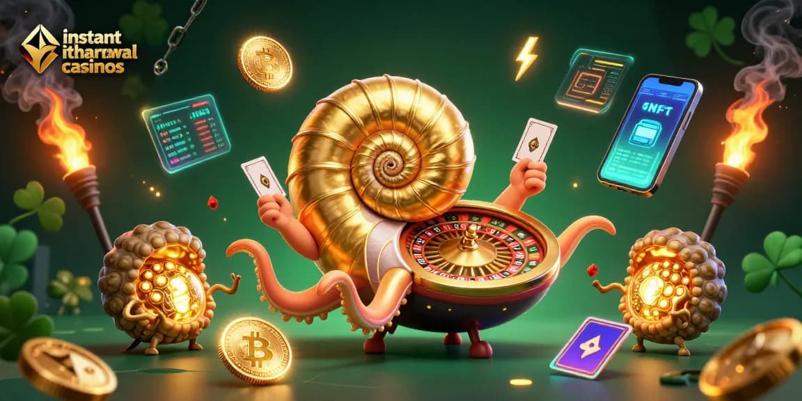 Engage with instant withdrawal casinos featuring a giant nautilus roulette wheel and glowing crypto elements.