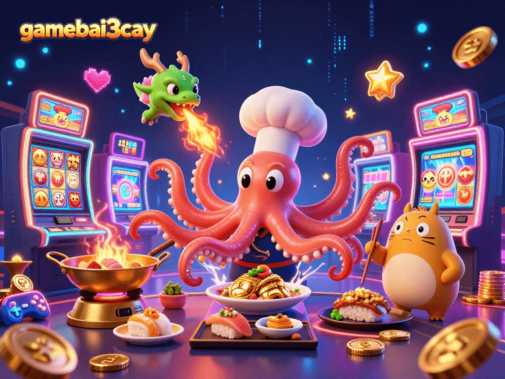 Gamebai3cay showcases a vibrant illustration of a sushi chef octopus and dragon in a dynamic slot machine scene.