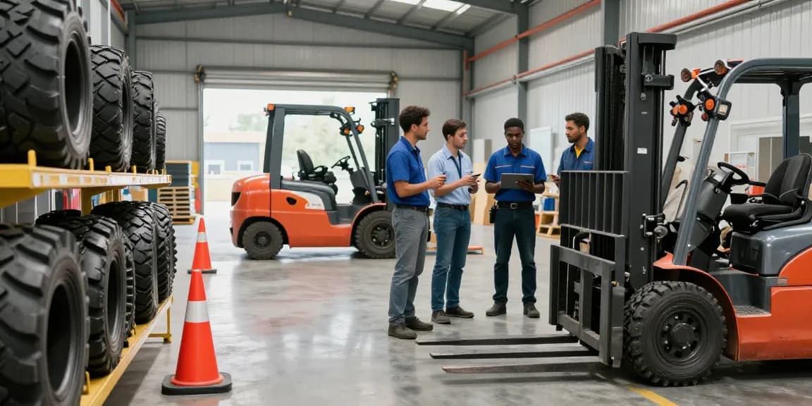 High-quality forklift tyres for sale displayed in a professional warehouse, technicians discussing features and benefits.