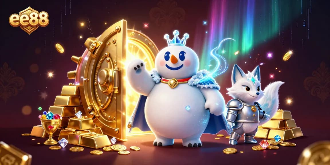 Experience the excitement of ee88 with a vibrant 3D scene of a polar bear and snow fox amidst treasures.