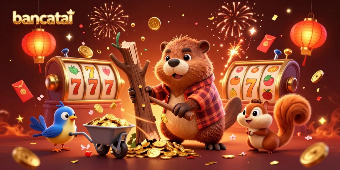 Experience thrilling wins at bancatai as the lumberjack beaver collects golden coins in this vibrant casino scene.