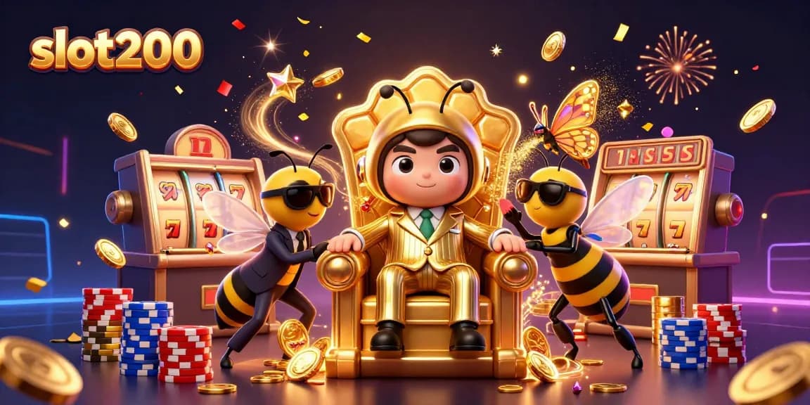 Experience the thrilling excitement of slot200 with vibrant 3D illustration of slot reels, bumblebee mob boss, and sparkling coins.