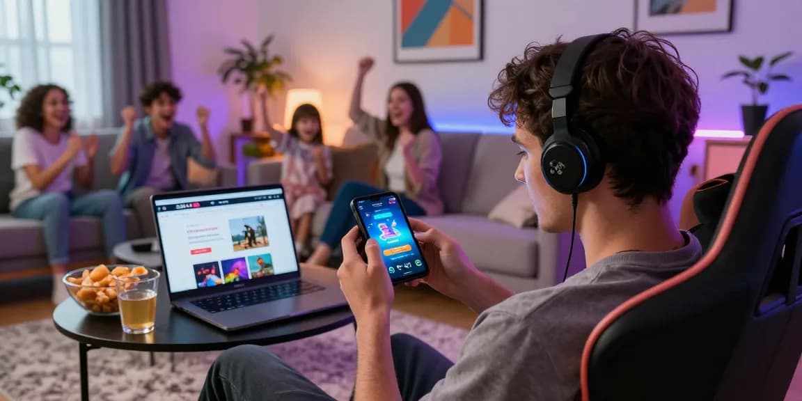 Youth enjoying gaming via the CIKA4D application in a vibrant living room.