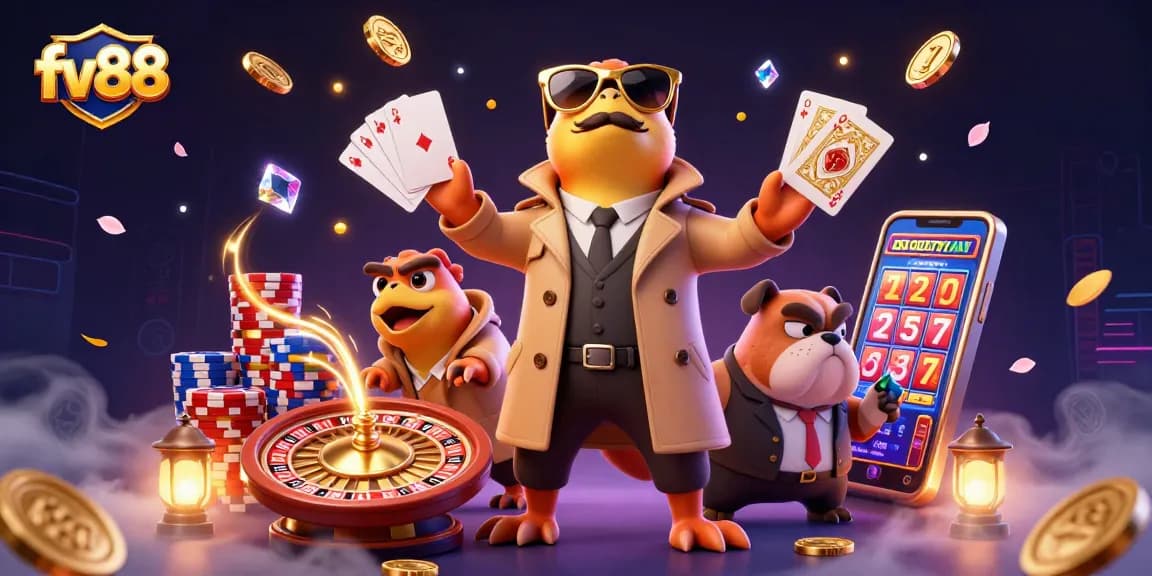 Experience the excitement of fv88 with raptors sneaking into a VIP casino amid golden coins and shining gems.