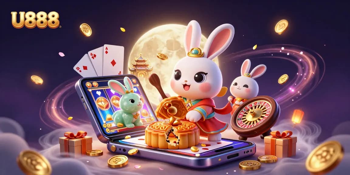Engage with U888 as the moon rabbit reveals hidden poker chips while immersing in the thrilling casino atmosphere.