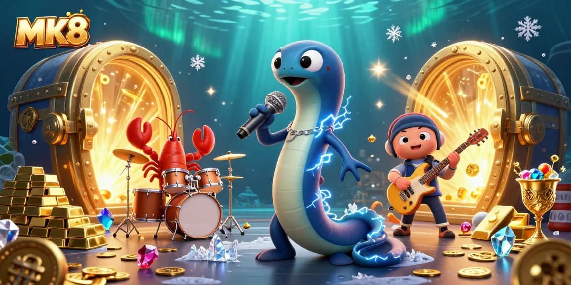 Experience MK8 casino excitement in a vibrant underwater scene with a 3D electric eel DJ performing.