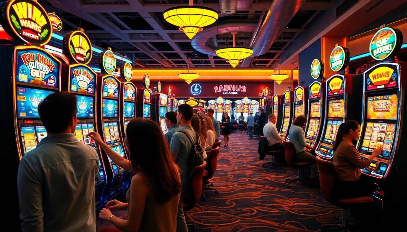 Engaging scene of players at slot gambling machines in a vibrant casino atmosphere.
