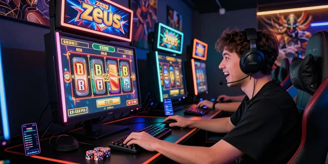 Engaging player at a vibrant slot zeus gaming setup, showcasing excitement and immersive experience.