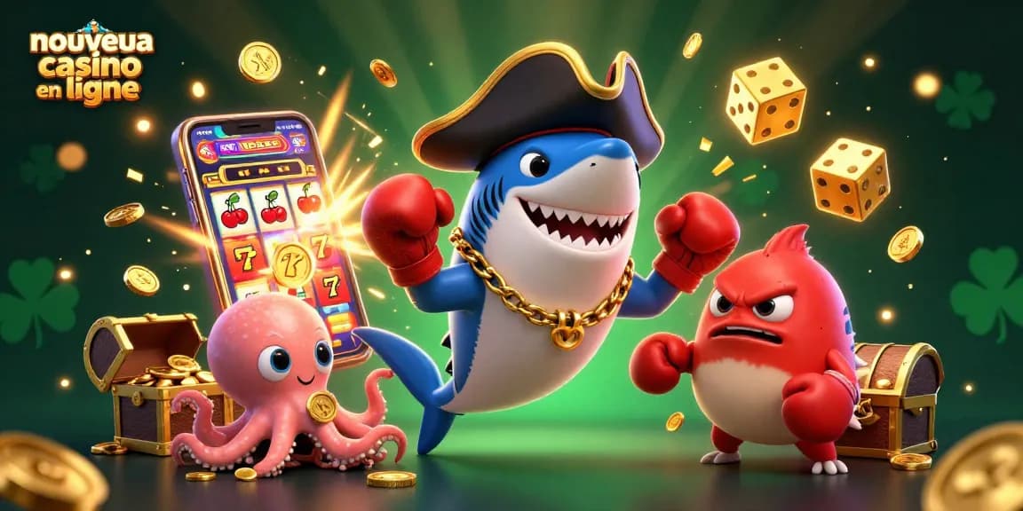 Illustration animée d'un nouveau casino en ligne avec un requin pirate, un poisson-globe en colère et une pieuvre mignonne.