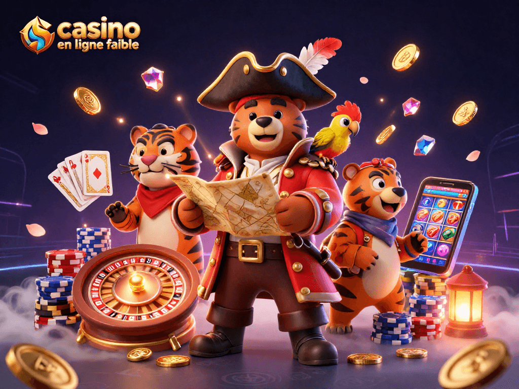 Une captivante scène de casino en ligne fiable avec un ours pirate et un tigre tenant une carte au trésor, entourés de pièces et de jetons.