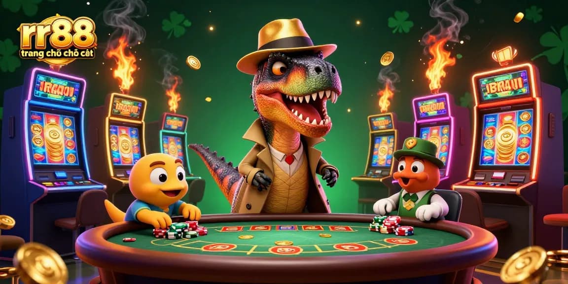 Join the action with rr88 trang chủ chính thức as a clever velociraptor counts cards in a thrilling blackjack scene.