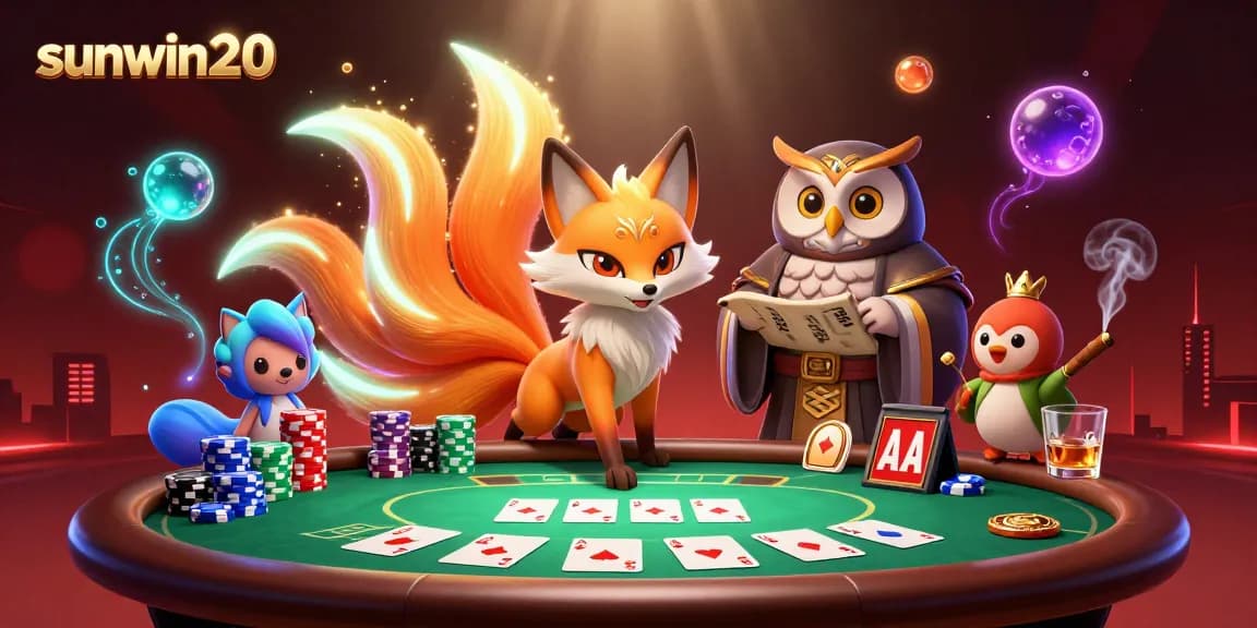 Play exciting poker with sunwin20; enjoy colorful nine-tailed fox and owl spirit in a vibrant casino scene.