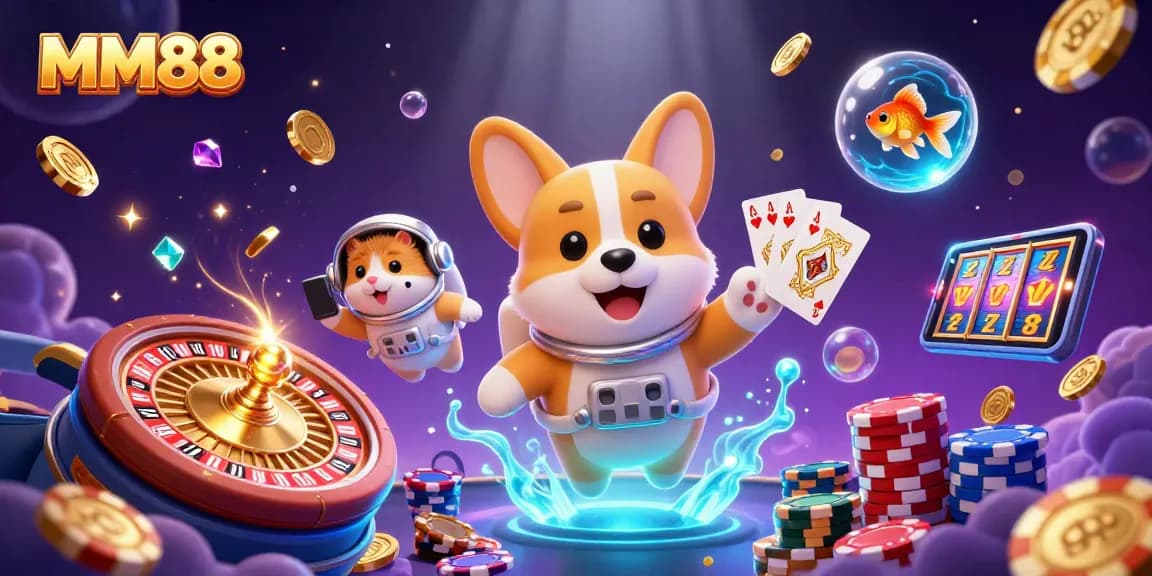 MM88 showcases a vibrant 3D casino scene with an astronaut corgi and a hamster in space.