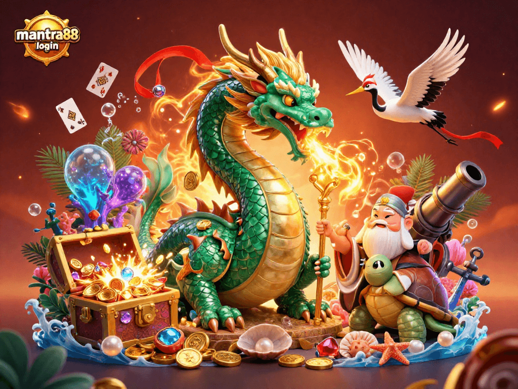 Experience thrilling adventures with mantra88 login in a vibrant 3D casino illustration featuring mythical creatures and treasures.
