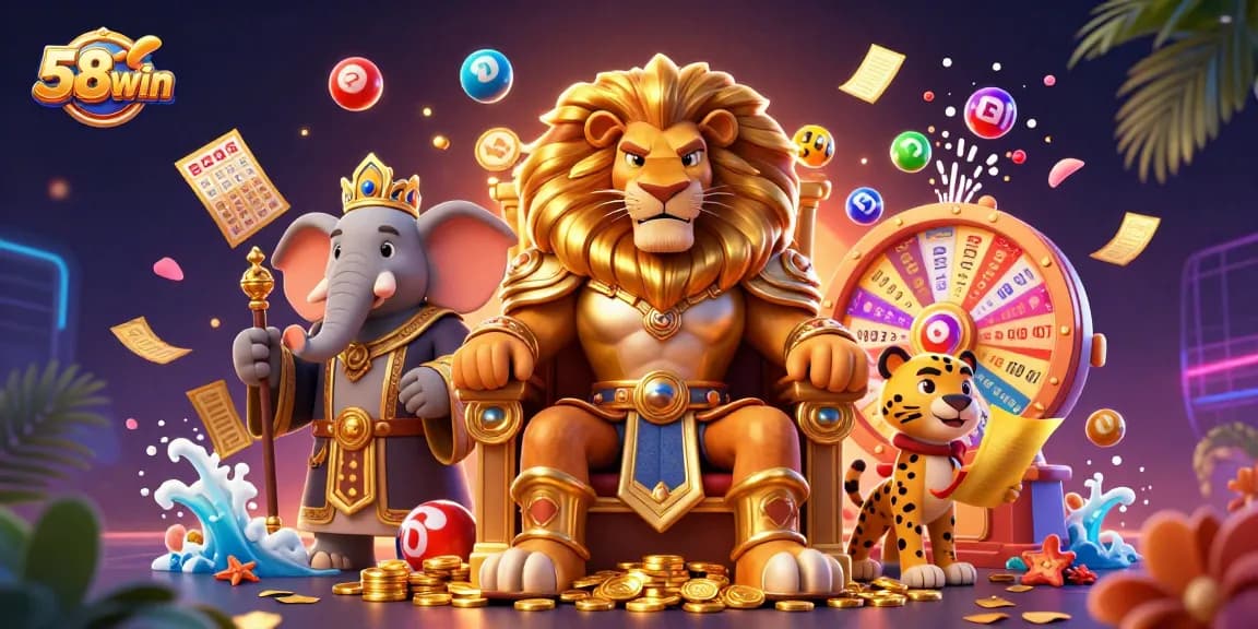 Experience the excitement of 58win with colorful lottery elements and a fierce lion king!