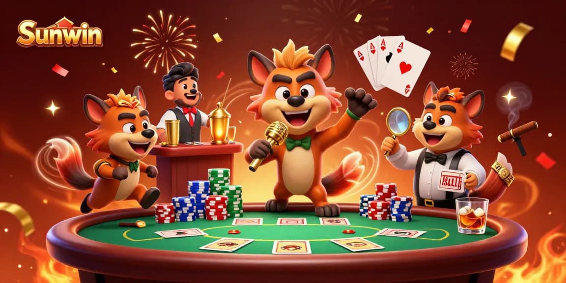 Experience the excitement of Sunwin with hyenas in a lively casino scene featuring games and comedy.