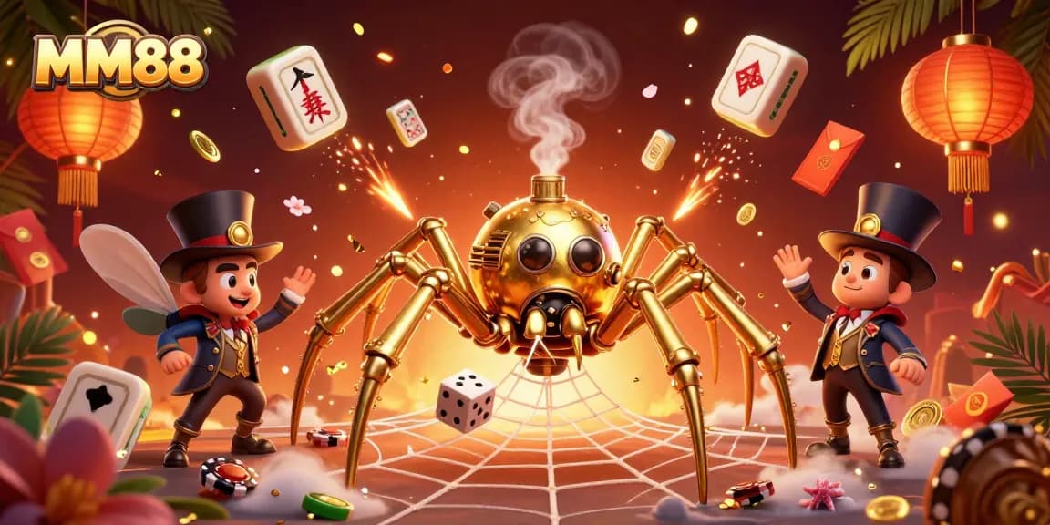 MM88 brings luck through a steampunk spider catching unlucky dice in a vibrant casino scene.