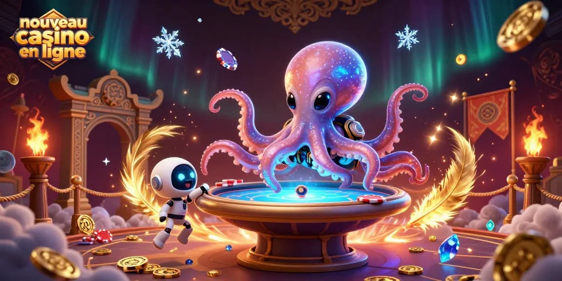 Rejoignez l'excitation d'un nouveau casino en ligne avec un octopus et un robot jouant au poker.