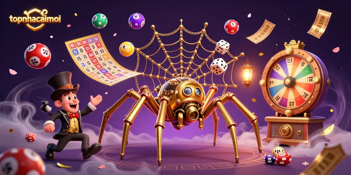 Catching winning numbers with topnhacaimoi's steampunk spider web in a vibrant lottery scene.