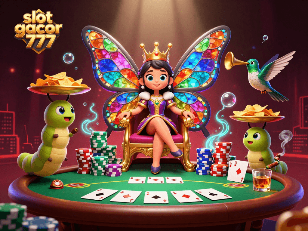 Experience vibrant action in slot gacor 777 with a colorful casino scene featuring a butterfly queen.