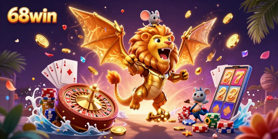 Experience thrilling wins with 68win in a dynamic 3D casino scene featuring golden treasures.