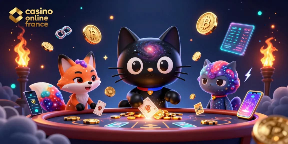 Jouer au casino en ligne France avec un chat de trou noir cartoon et un renard nébuleux au milieu des jetons d'or.
