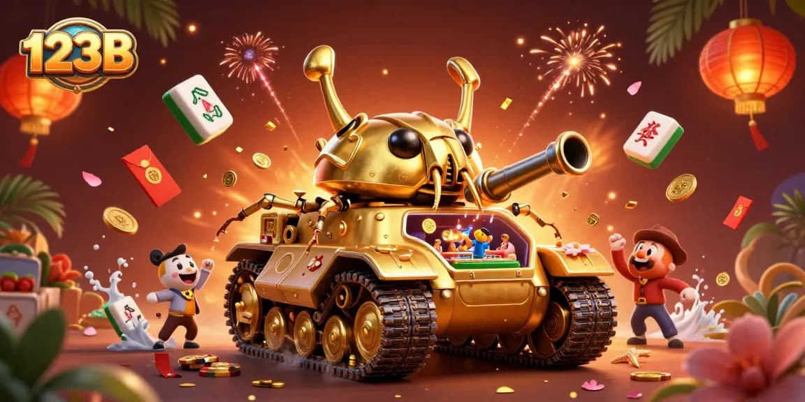 Experience the excitement of 123B with a captivating golden beetle tank casino illustration filled with vibrant gambling elements.