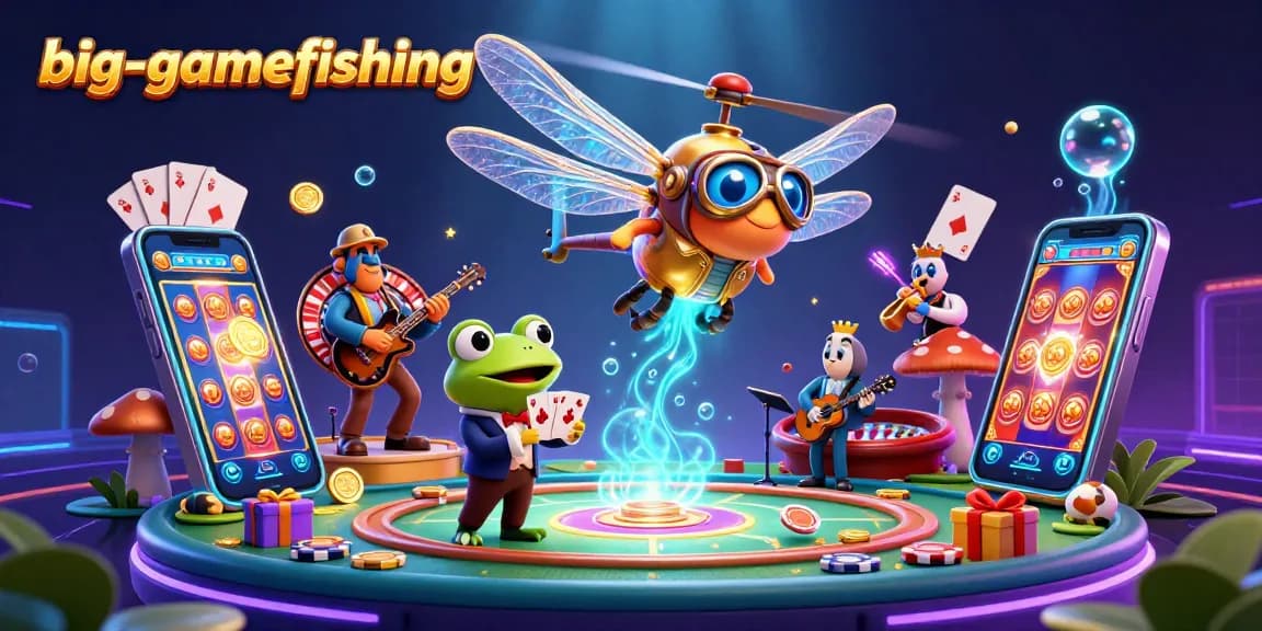 Experience big-gamefishing with a dynamic 3D scene featuring a dragonfly pilot, frog croupier, and engaging casino elements.