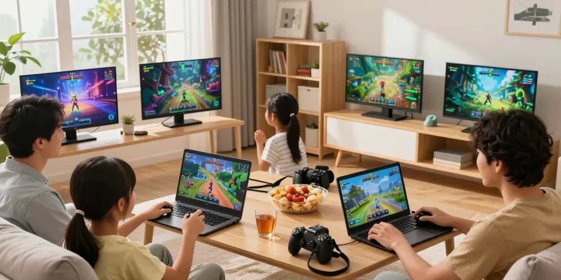Family bonding through online gaming with mantra88 login access in a vibrant living room.