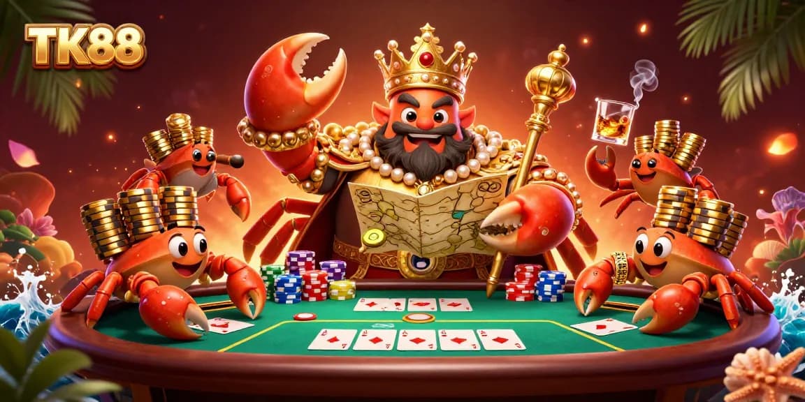 Engage in thrilling gambling with TK88's vibrant casino scene featuring a golden crab emperor.