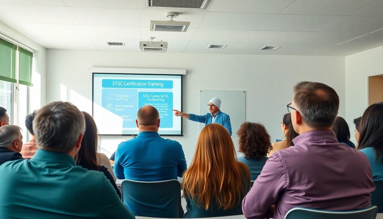 Engaged participants in STSC certification training learning before a projector.