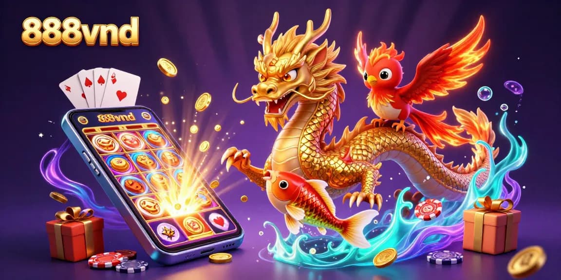 Experience thrilling gaming action with 888vnd's vibrant 3D casino illustration featuring a golden dragon and exciting games.