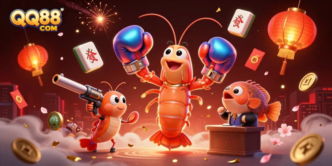 Engage with QQ88 COM's vibrant casino atmosphere through this colorful 3D scene of animated characters.
