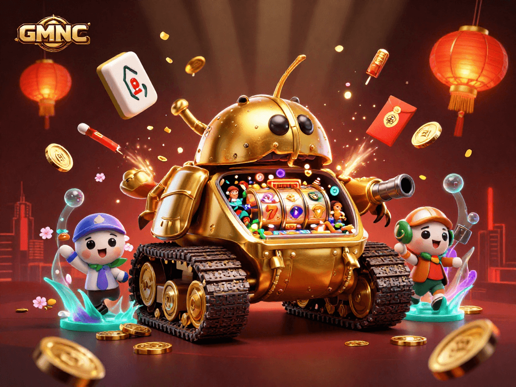 GMNC showcases a vibrant casino scene with a golden beetle tank and dynamic slot elements.