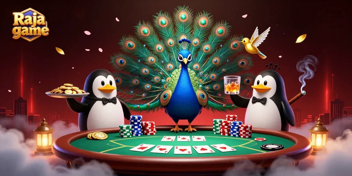 Experience thrilling wins with Raja game as a peacock, butler penguin, and hummingbird play poker.