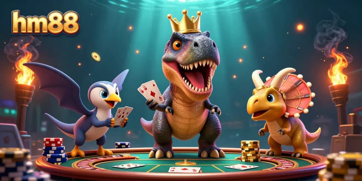 Experience thrilling gameplay at hm88 with friendly characters engaging in casino activities amidst dynamic gambling elements.