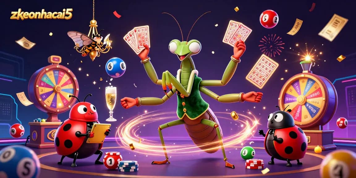 Experience excitement at zkeonhacai5 with lively characters and dynamic casino elements in a vibrant illustration.