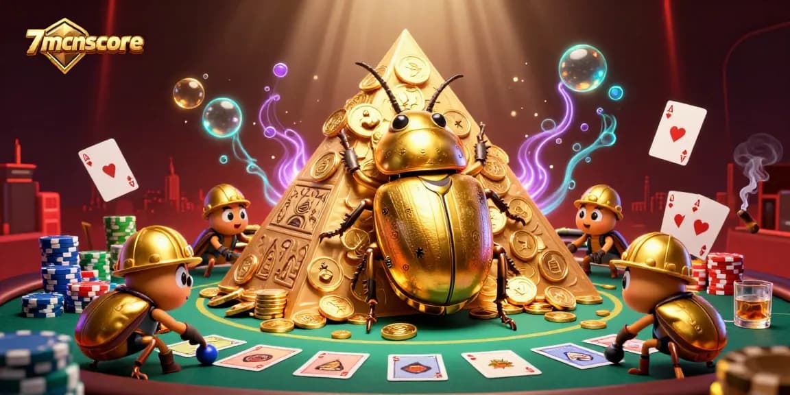 Experience 7mcnscore excitement with golden beetles and poker elements rolling in dynamic casino scene.