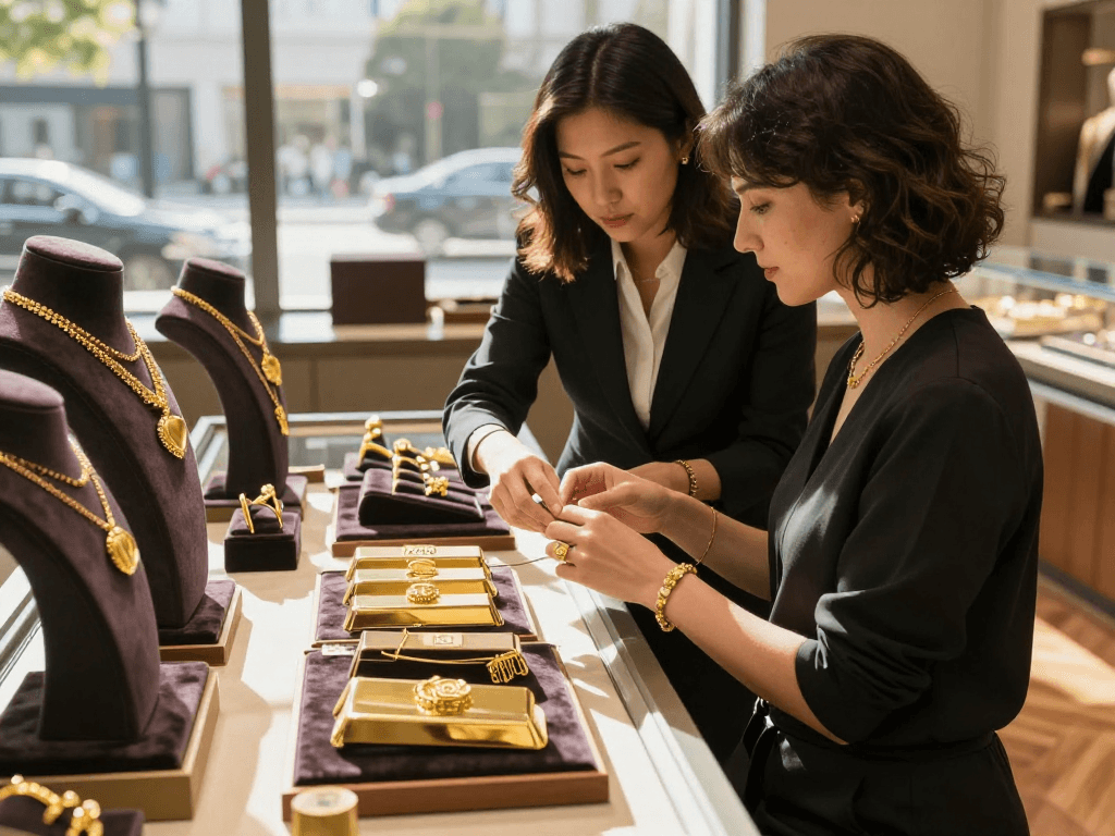 Buying gold jewelry at mantra88 in a luxurious showroom filled with 24K and 22K gold pieces.
