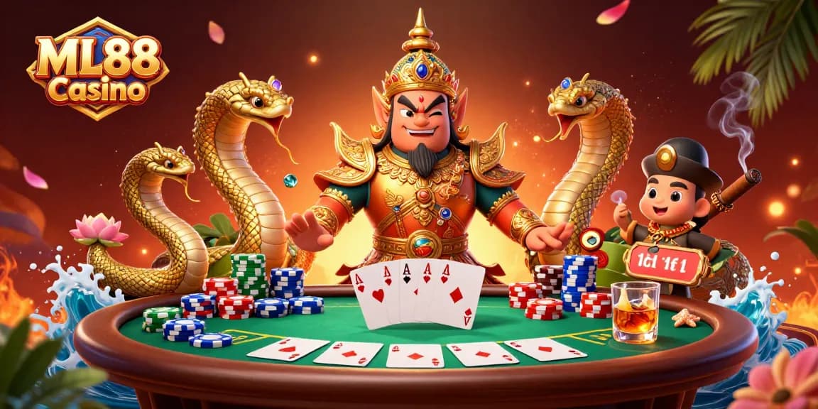 Play poker at ML88 Casino with the guardian and Naga serpent companions in an energetic 3D scene.