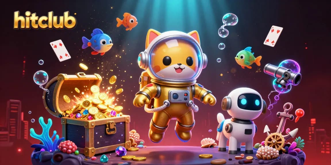 Hitclub offers thrilling casino excitement with playful characters in a vibrant cosmic casino setting.