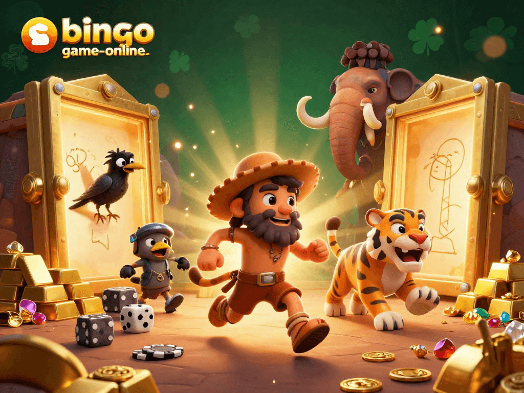 Experience the excitement of bingo-game-online with this vibrant casino scene depicting cavemen and a sabertooth tiger.
