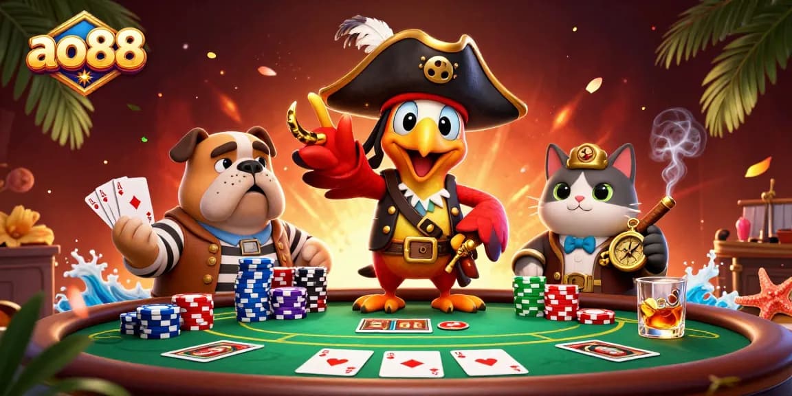 Engage with ao88’s thrilling poker scene featuring a parrot captain and vibrant gaming elements.