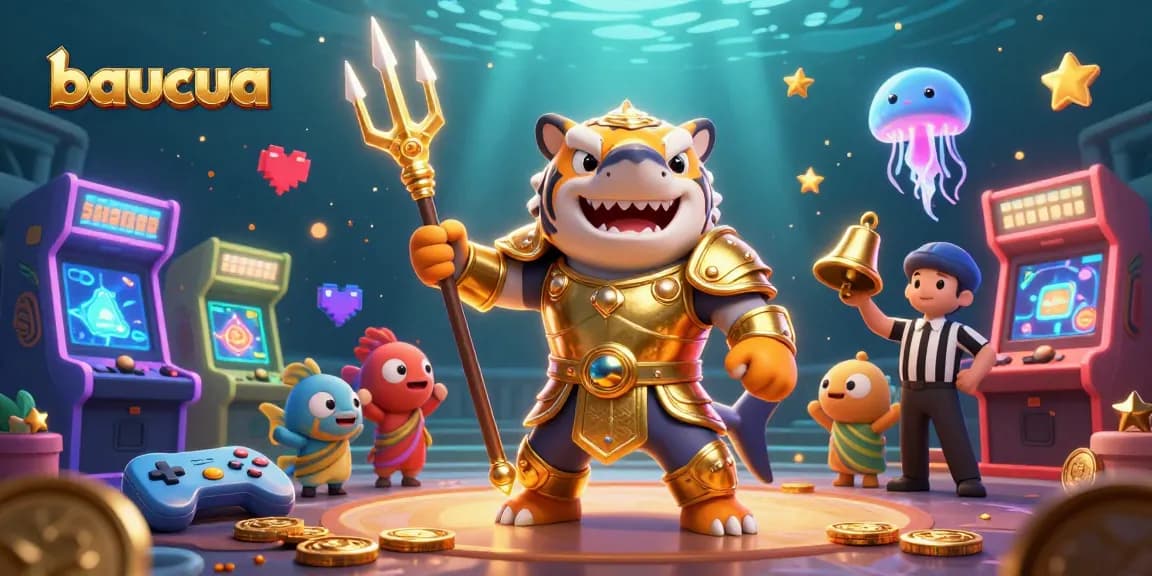 baucua game illustration with a tiger shark and colorful arcade elements in an underwater casino scene.
